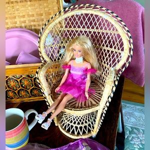 Vintage wicker rattan Barbie doll peacock chair plant stand